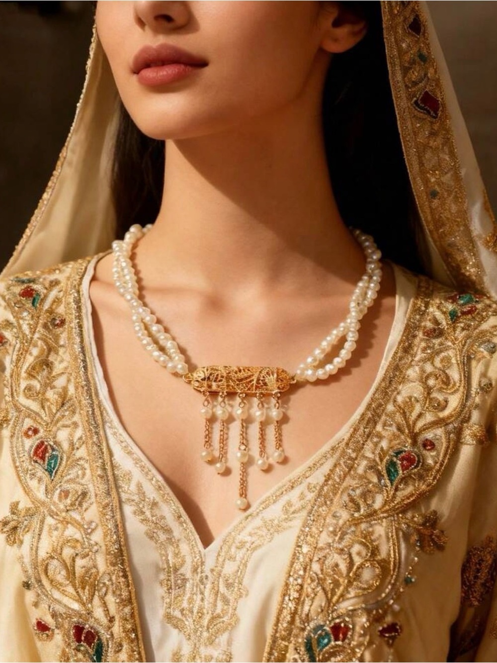 Gold Plated  Filigree Faux Pearl Necklace with Tassels